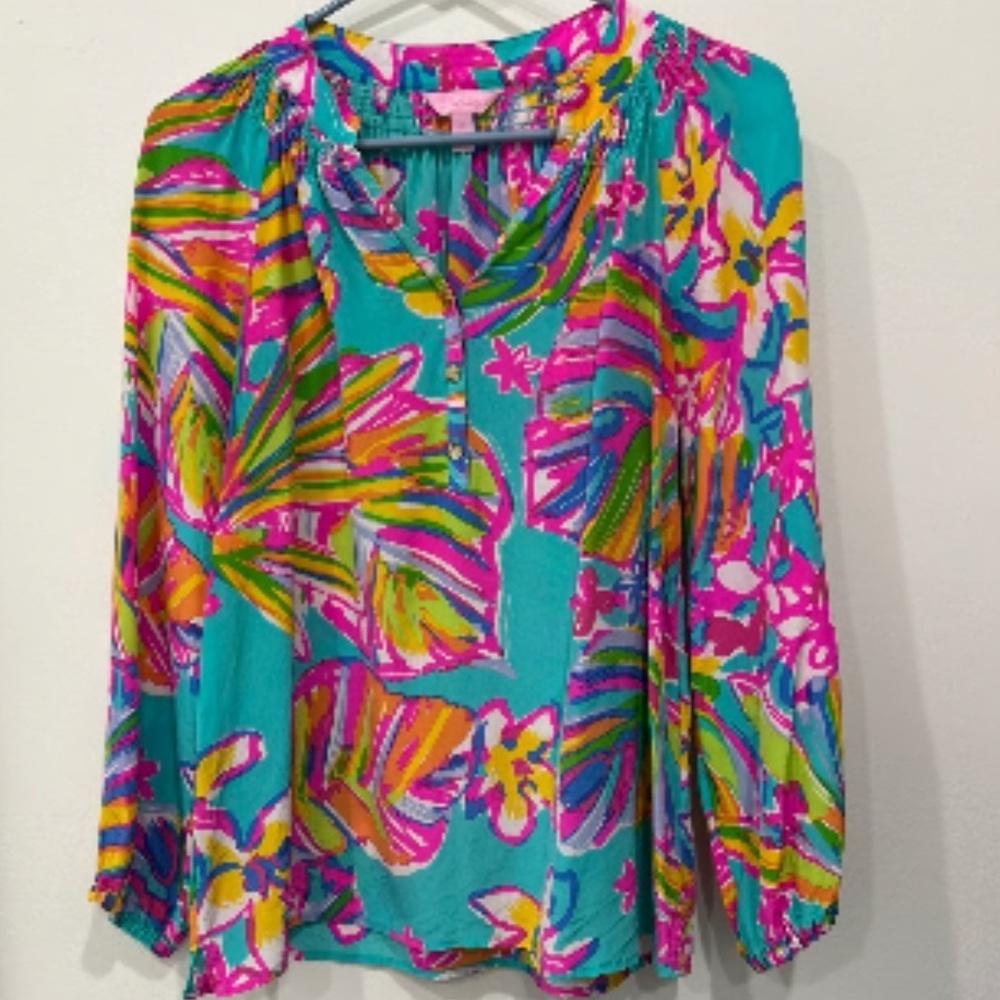 Lilly Pulitzer Colorful Floral SILK Blouse Sz XXS